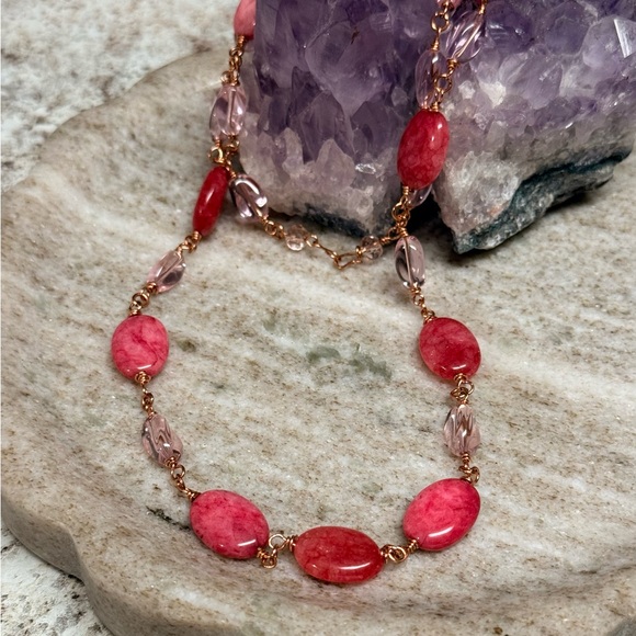 Oval Pink Marble Agate Gemstone Necklace 26” - Picture 6 of 10